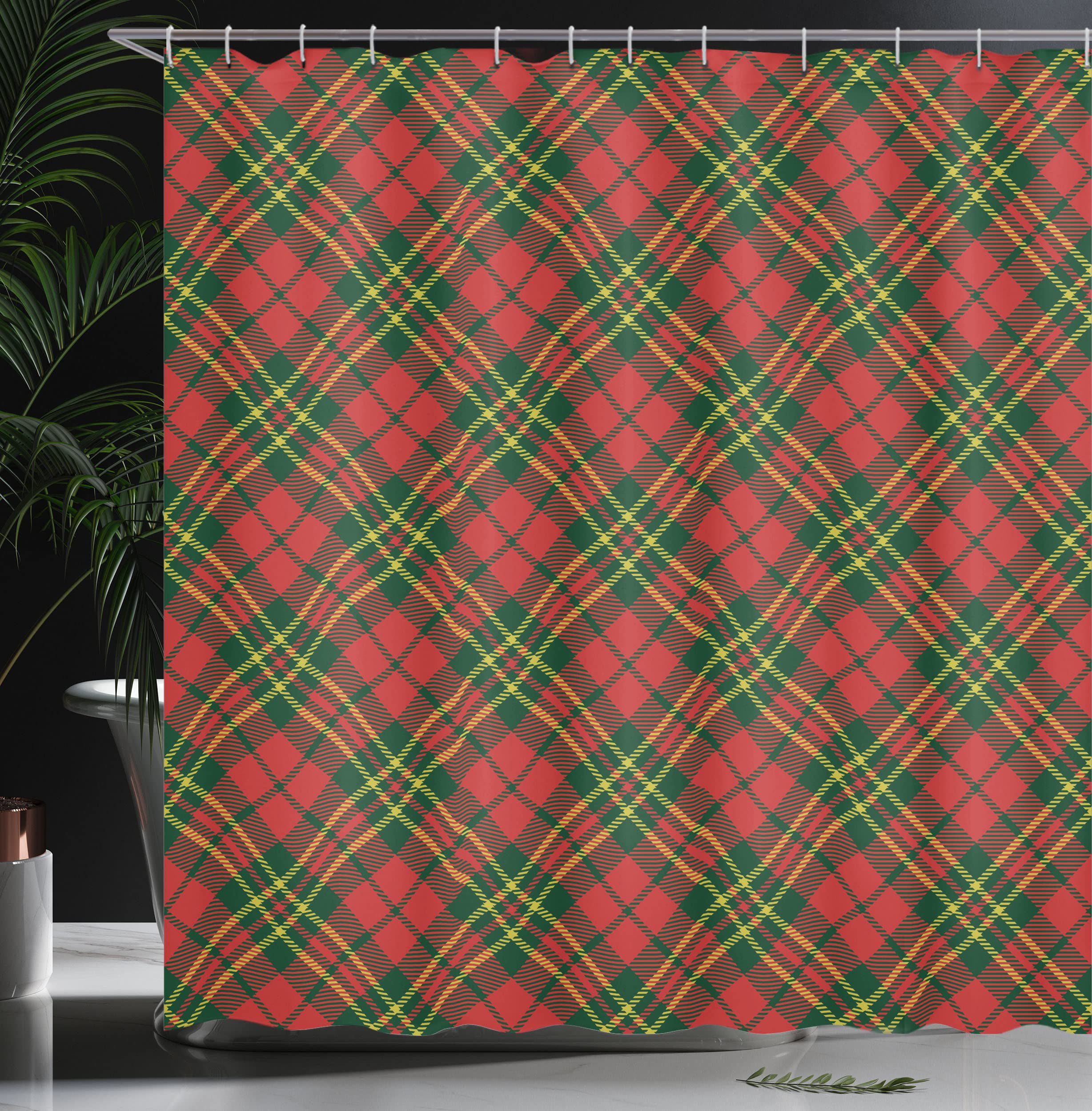 Ambesonne Checkered Shower Curtain, Irish Tartan Plaid Motifs In Christmas Colors Geometrical Stripes, Cloth Fabric Bathroom Dec